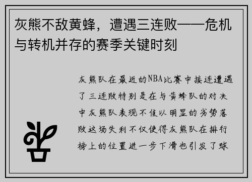 灰熊不敌黄蜂，遭遇三连败——危机与转机并存的赛季关键时刻